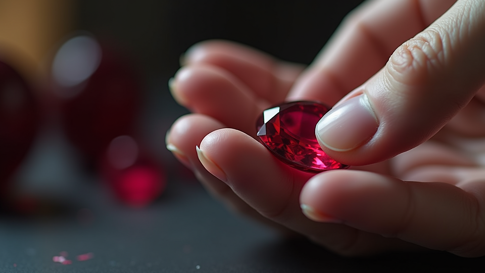 Close-up view of a hand holding a polished ruby gemstone