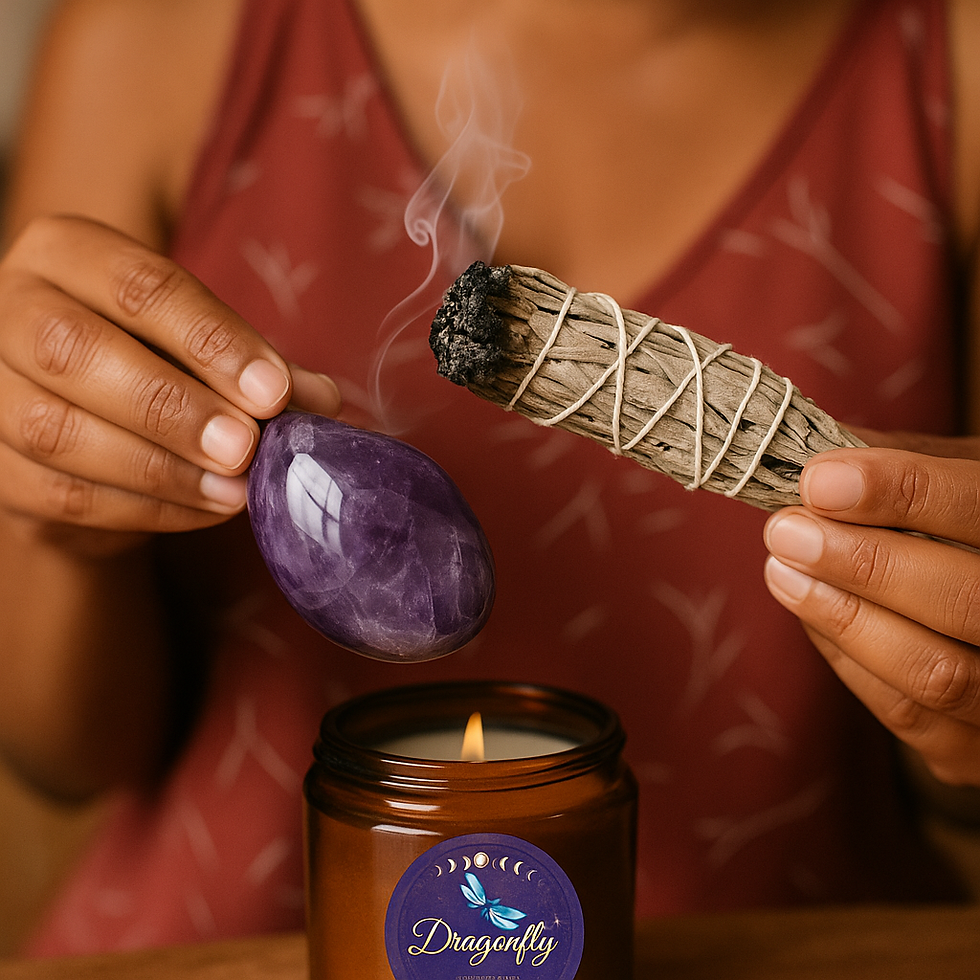 High angle view of a crystal being smudged with sage smoke