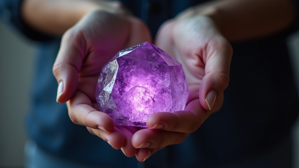 High angle view of a person holding a glowing amethyst crystal
