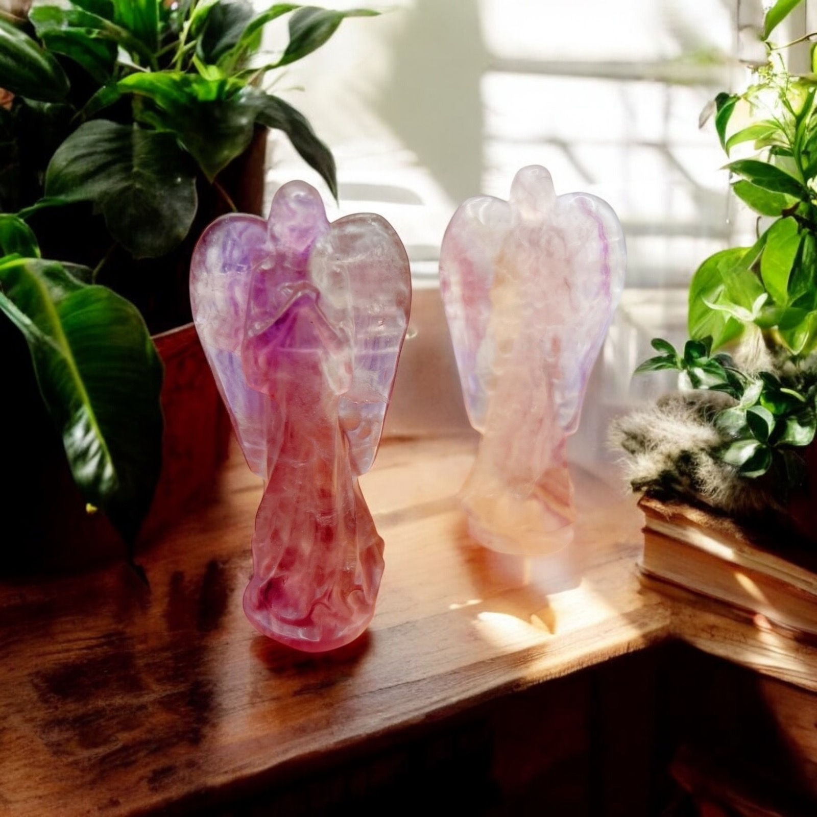 Guardian Glow: Hand-Carved Fluorite Angel Sculptures