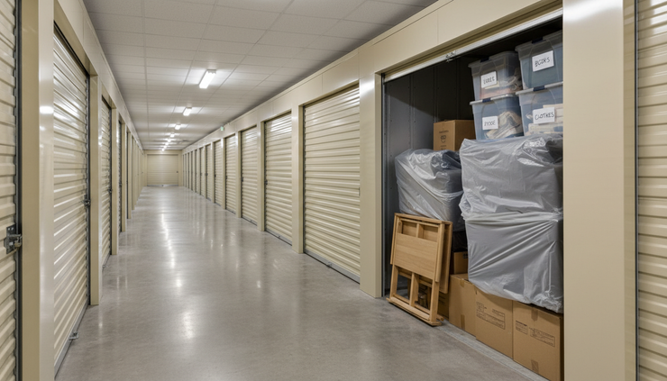 Vista em grande angular de boxes de storage limpas com móveis embalados