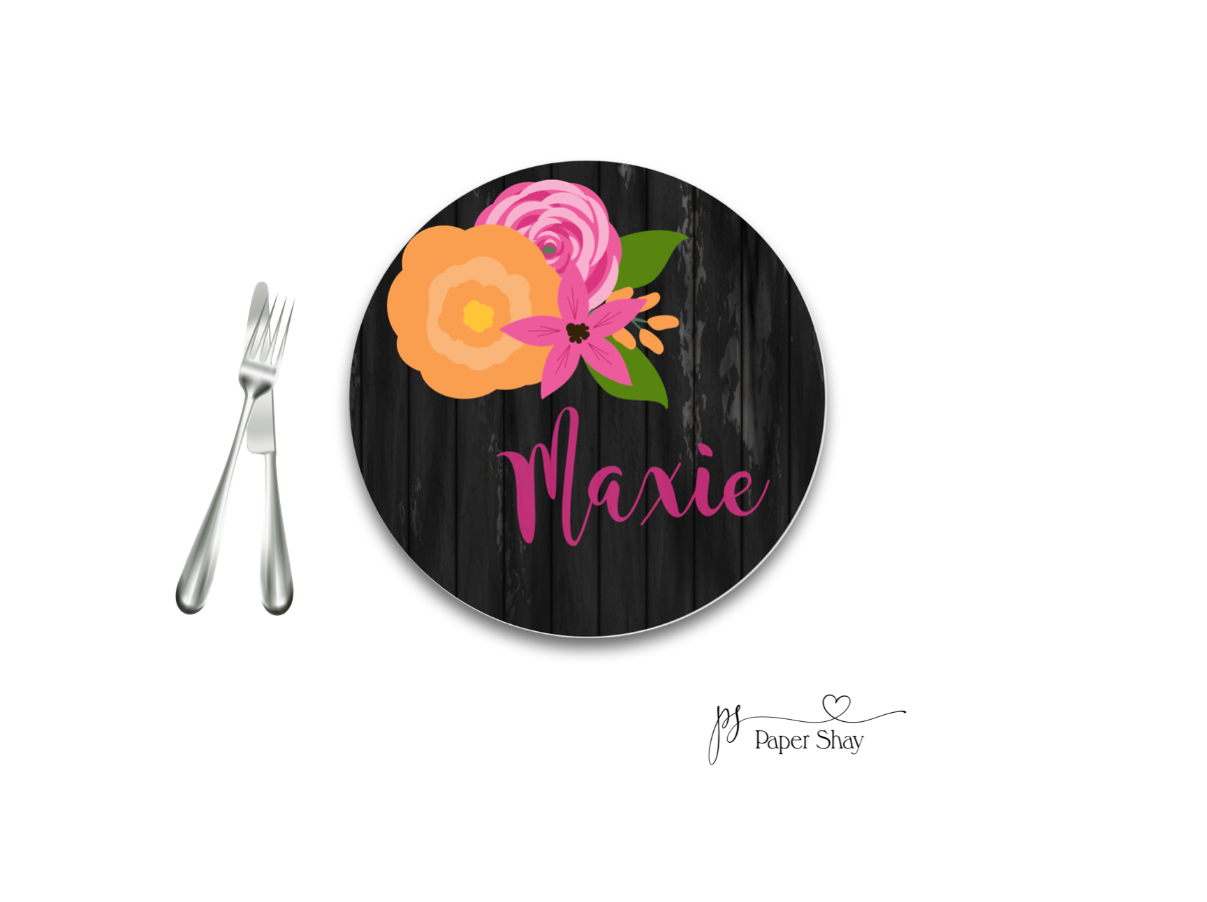 Personalized Melamine Plate  Black/Floral