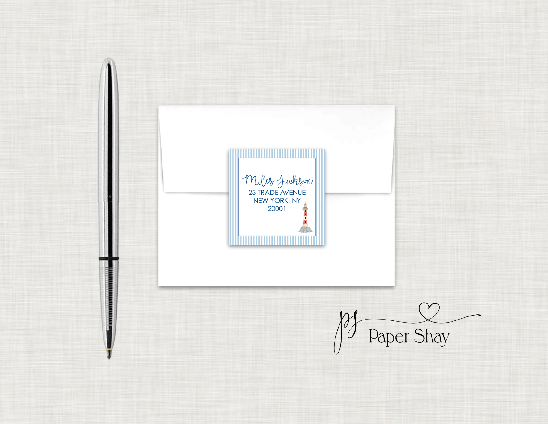 Return Address Labels Square- Pinstripe Lighthouse