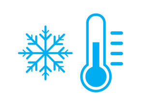 a blue snowflake next to a blue - indicating cold - thermometer