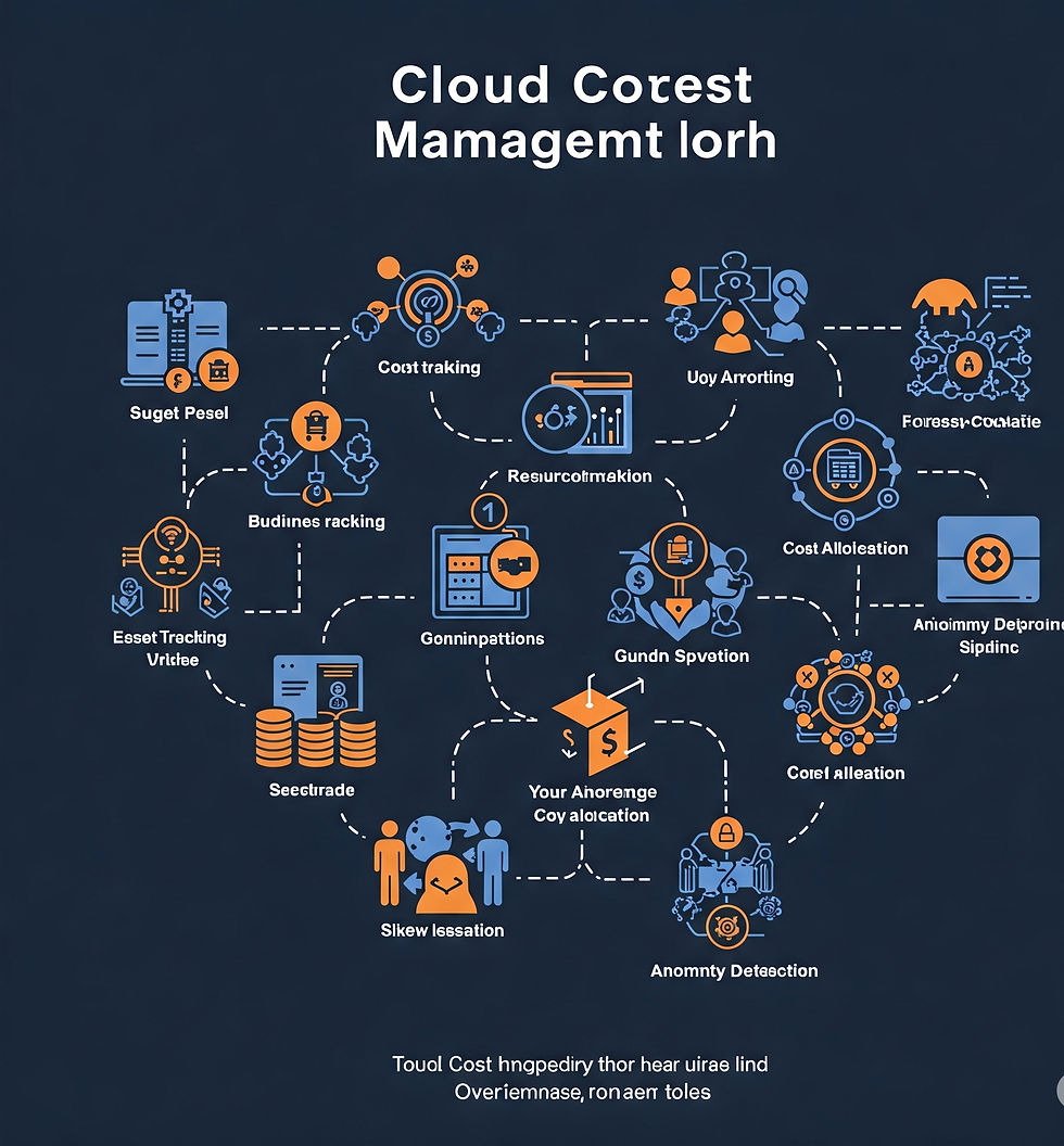 Flowchart with cloud cost management steps, featuring blue and orange icons and text. Titles and labels are misspelled, dark background.