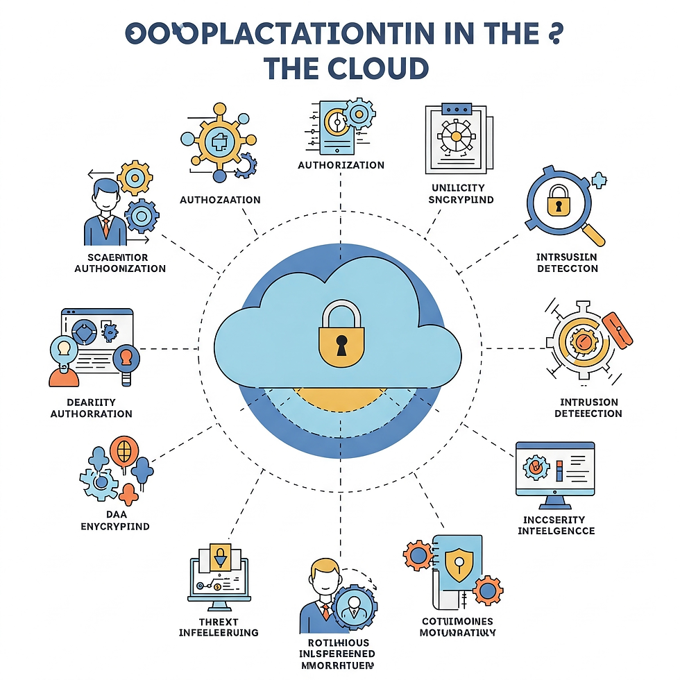 Cloud security concept with a locked cloud at the center, surrounded by icons representing authorization, encryption, and detection. Text is garbled.