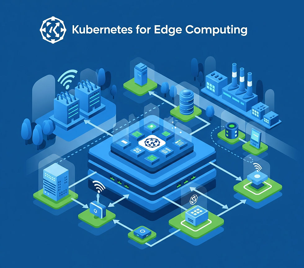 Blue-toned graphic of interconnected tech devices and buildings with Kubernetes for Edge Computing text, showing data flow in a digital network.