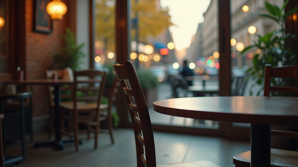 Eye-level view of a cozy café setting with a small table and two chairs