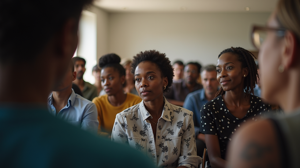 Eye-level view of a community gathering discussing social issues
