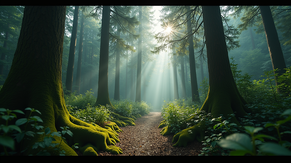Wide angle view of a dense magical forest