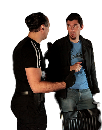 Jared Vineyard talking through scene with stunt coordinator on set