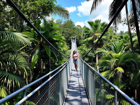 Tall trees with lush green canopies rise against a backdrop of dense, hilly forest, creating a serene, vibrant landscape.