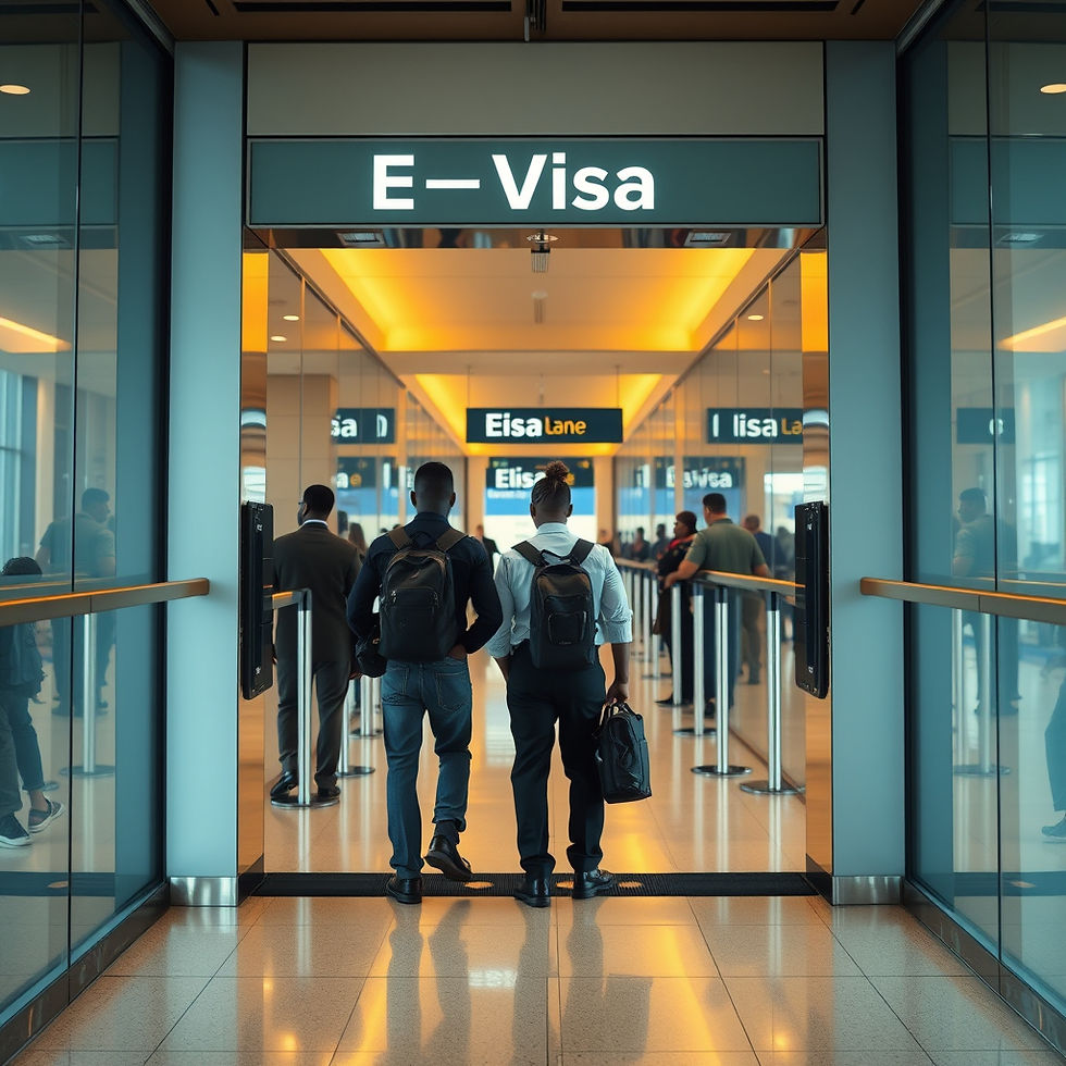 Two people with backpacks stand at an airport e-visa checkpoint. Reflective glass, warm lighting, and signage create a modern atmosphere.