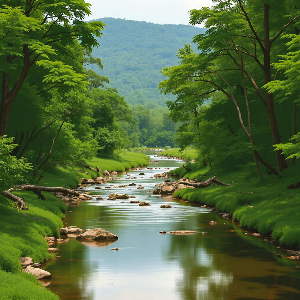 Serene forest scene with a tranquil river flowing amidst lush green trees and rocks. Blue hills in the background create a peaceful mood.