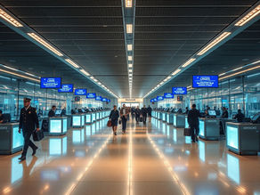 People walk through a bright airport terminal with blue-lit check-in counters and overhead screens. The mood is busy and orderly.