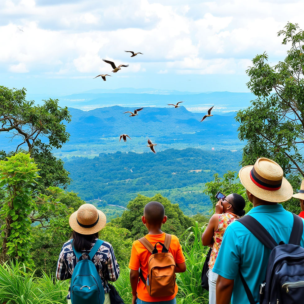 People with backpacks and hats admire birds flying over a lush green valley. Blue mountains and cloudy sky set a serene, scenic background.