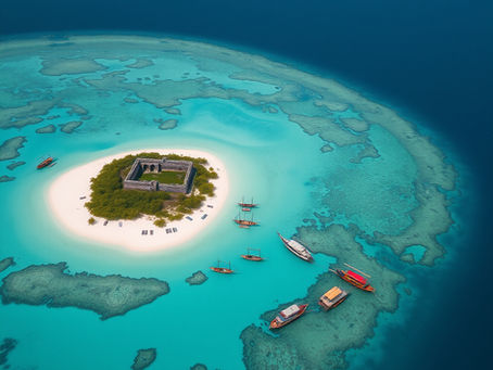 Aerial view of a small island with a fort, surrounded by turquoise waters and boats. Sandy beaches and clear skies create a tranquil scene.