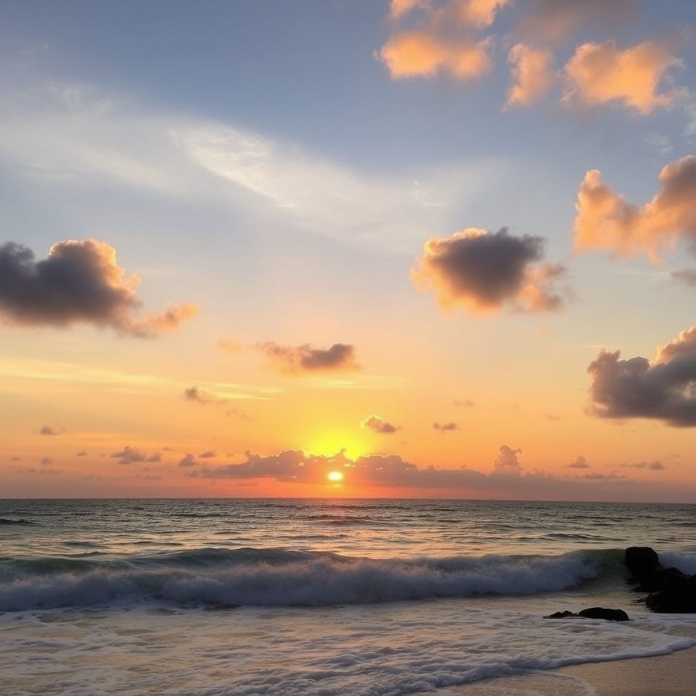 Sunset over ocean, with waves crashing on the shore. Orange and pink clouds scatter across the sky, creating a tranquil, serene mood.