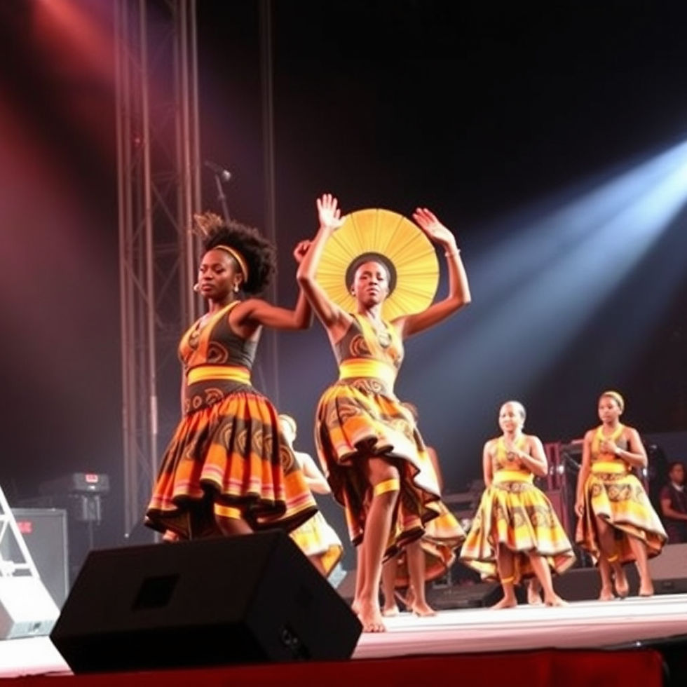 Performers in vibrant, patterned dresses dance on stage under bright lights. The scene is lively, with a backdrop of beams and structures.