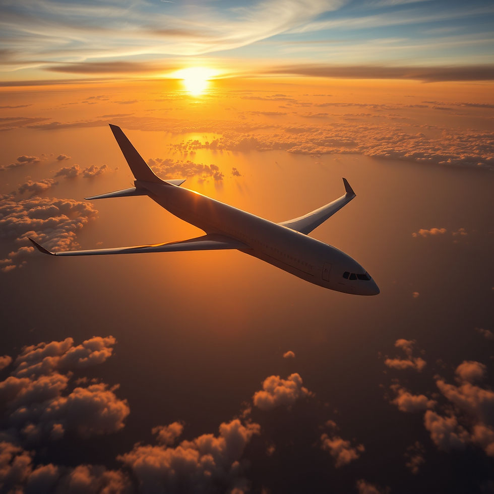 Airplane flying above clouds at sunset, casting an orange glow on the sky and ocean. Peaceful and serene atmosphere.