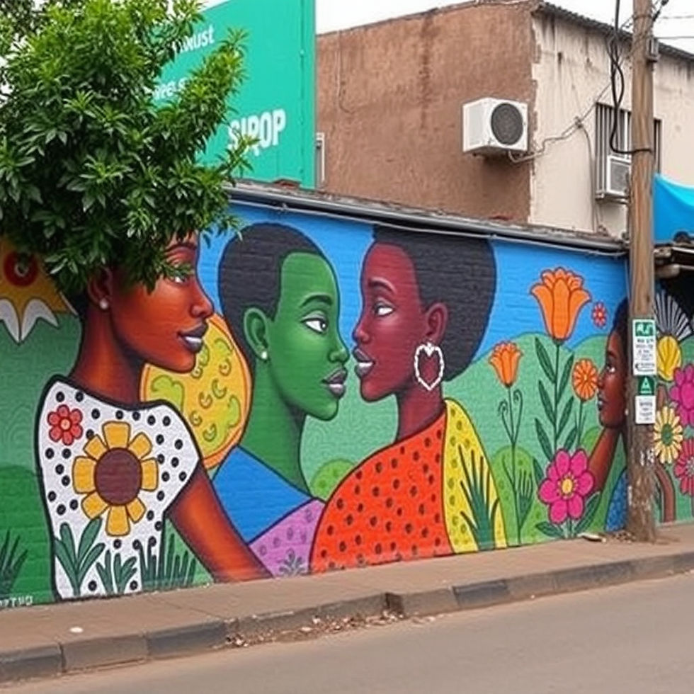 Colorful mural of four women with bright patterns and floral background on urban wall. Energetic and vibrant atmosphere.
