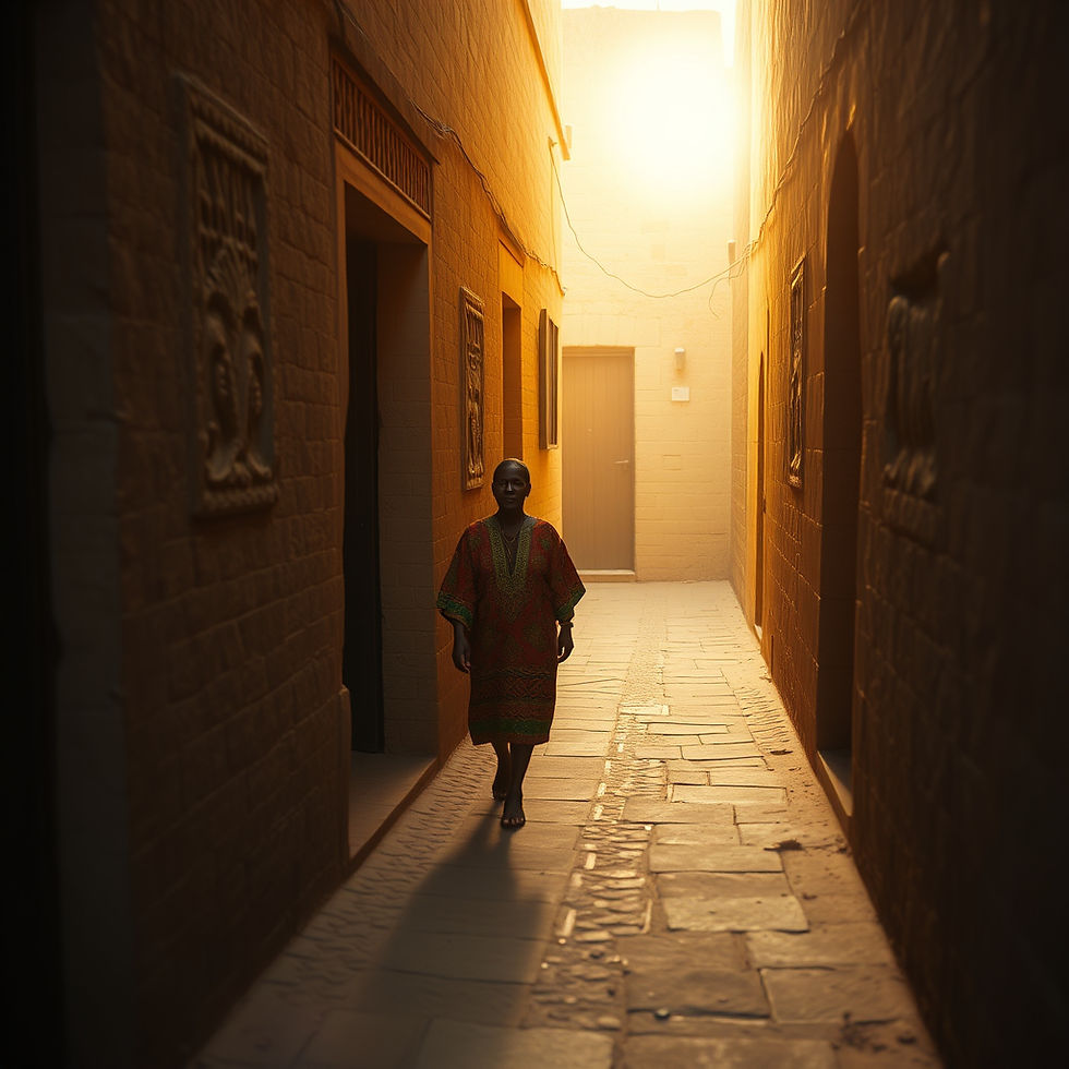Person in a colorful robe walks down a narrow, sunlit alley with carved stone walls, evoking a calm and serene mood.