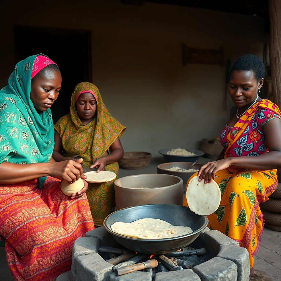 Three women in colorful attire make flatbreads on a stone stove outdoors. The setting is warm and communal, with vibrant patterns.