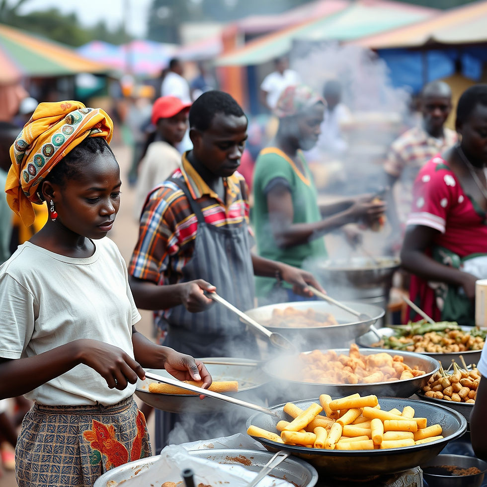 People cooking and serving food at an outdoor market. Steam rises from pans. Colorful umbrellas in background. Lively, bustling atmosphere.