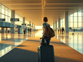 Woman with suitcase and backpack walks through sunlit airport terminal. Signs display flight info. Glass walls reveal a plane outside.