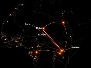 Map showing flight routes connecting Nairobi, Dubai, Doha, and Istanbul. Bright lines and city names on a dark background.