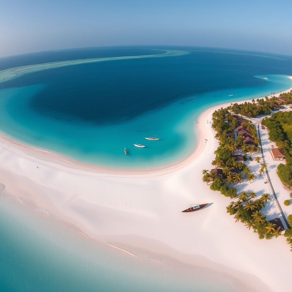 Aerial view of a tropical island with white sandy beaches, turquoise water, and small boats. Lush green palm trees line the shore.