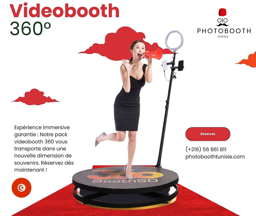 Vivez l'expérience ultime de capture de souvenirs avec notre Videobooth 360 disponible en Tunisie ! Du cœur de Tunis jusqu'aux côtes de Sousse et Monastir, plongez dans une immersion totale avec des vidéos à 360 degrés de vos moments les plus précieux. Réservez dès maintenant pour des souvenirs mémorables de votre mariage, événement d'entreprise ou toute autre occasion spéciale !