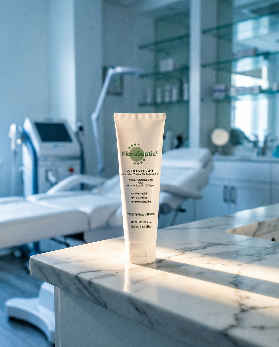 FloraSeptic wound gel tube displayed on countertop in modern medical treatment room