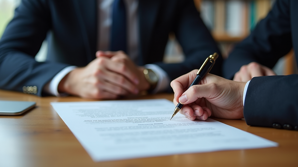 Close-up view of a lawyer reviewing a contract with a client