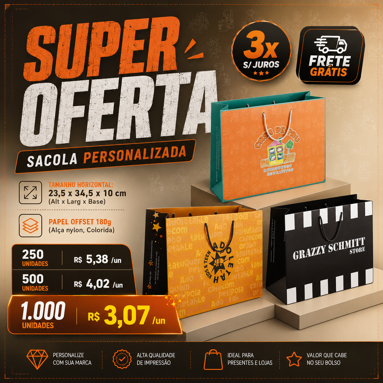 Sacola Personalizada Offset 180g — 23,5 × 34,5 × 10 cm (Horizontal)