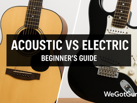 Split screen comparison image showing an acoustic guitar on the left side and an electric guitar on the right side, both positioned at 45-degree angles against a clean white background. Bold text overlay reads 'ACOUSTIC VS ELECTRIC' with 'BEGINNER'S GUIDE' subtitle below.