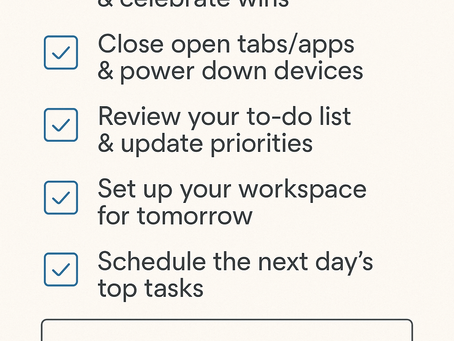A printable Shutdown Ritual Template with five evening wrap-up steps for working parents: reflect on the day, close open tabs, update to-do list, prep workspace, and schedule next day’s top tasks — includes a lined section for notes.