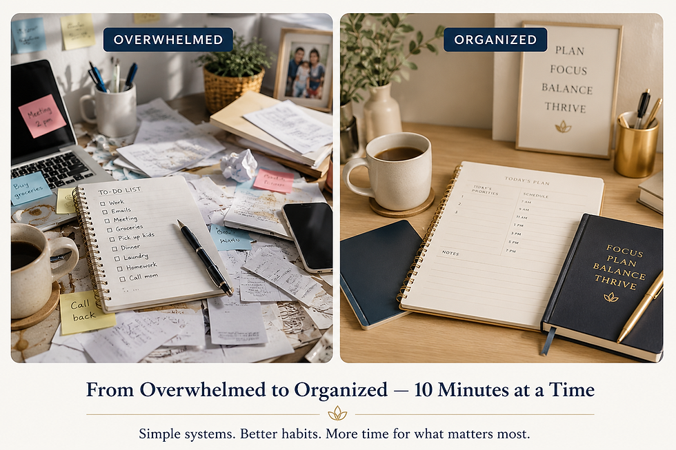 Before-and-after workspace showing how better time management helps busy moms move from overwhelm to an organized daily routine.