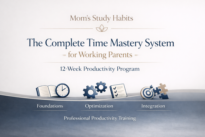 Professional course cover for The Complete Time Mastery System for Working Parents featuring elegant navy and beige typography, a 12-week productivity program subtitle, and visual pillars for foundations, optimization, and integration.