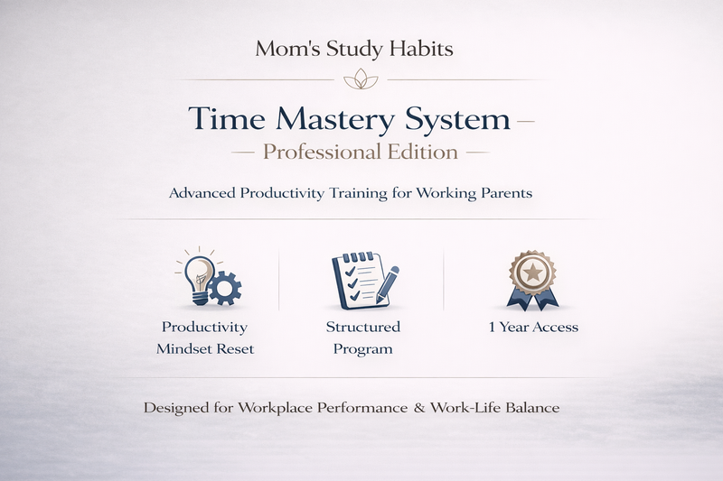 Professional course cover for Time Mastery System Professional Edition for working parents featuring bold navy and warm neutral tones, structured program highlights, and workplace performance messaging.
