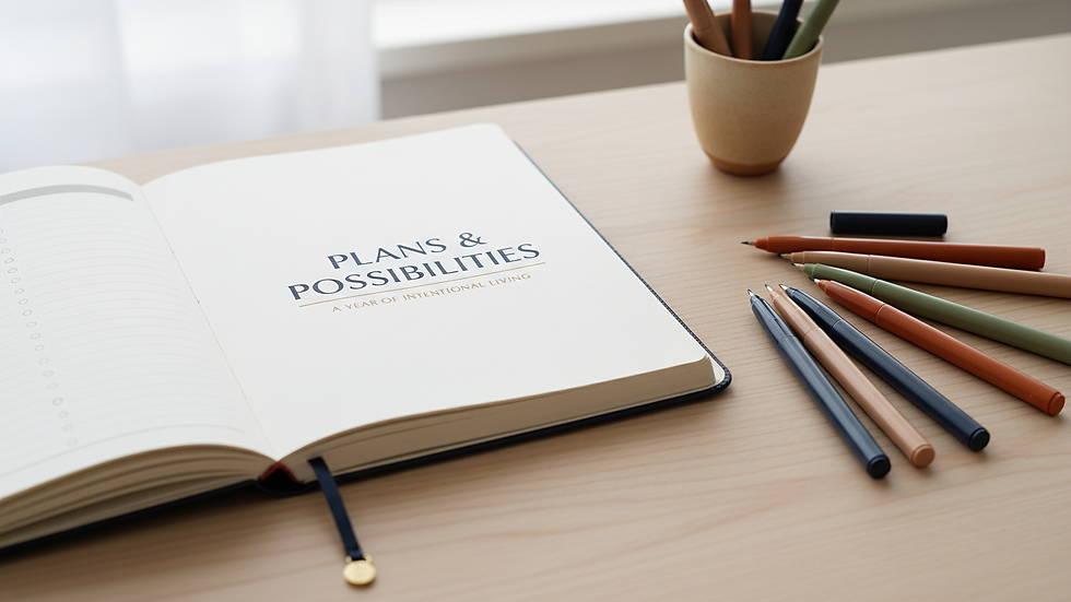 Close-up view of a planner and colorful pens on a wooden desk