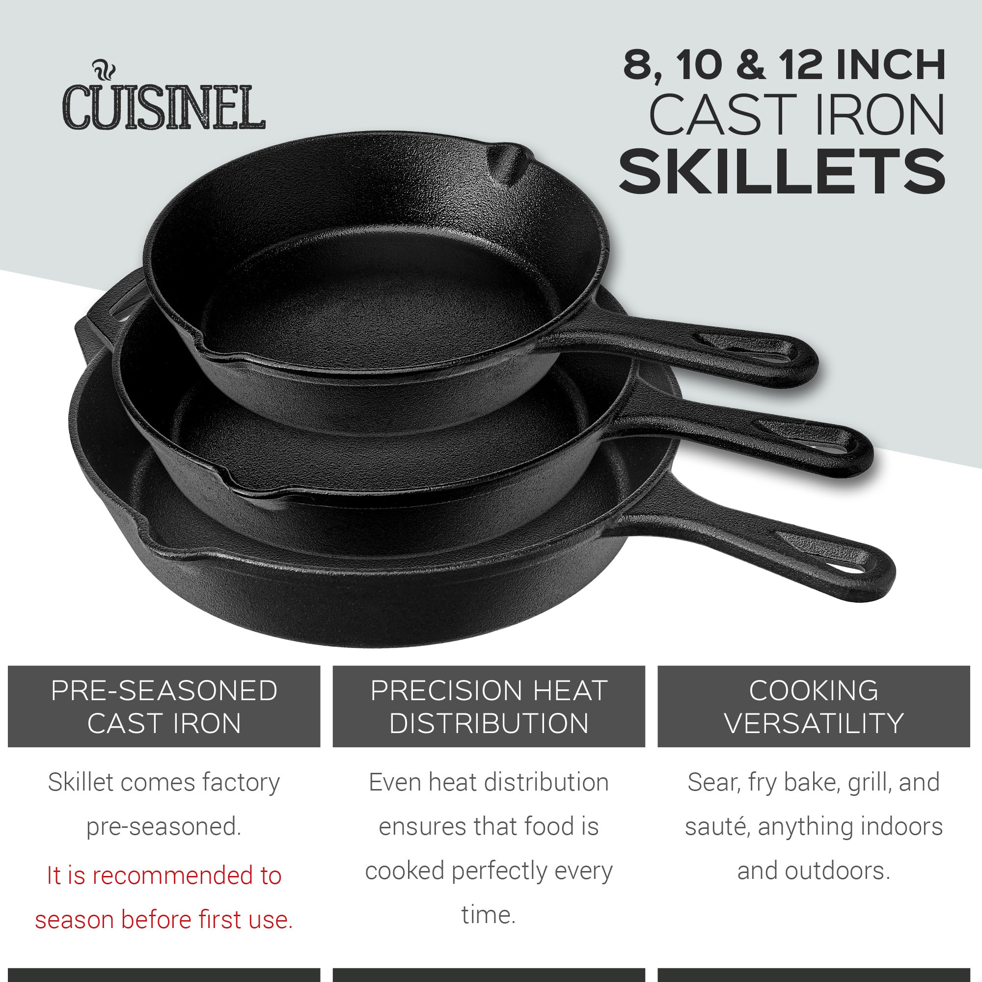 Pre-Seasoned Cast Iron Skillet 3-Piece Set (8-Inch, 10-Inch ...