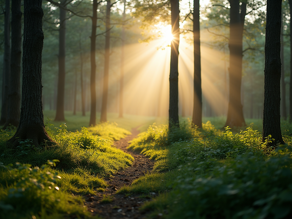 A serene forest scene with gentle sunlight filtering through the trees, symbolizing calm a
