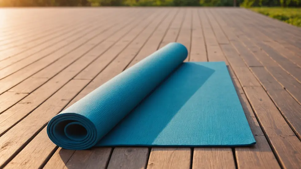 Eye-level view of an empty yoga mat on a serene outdoor platform