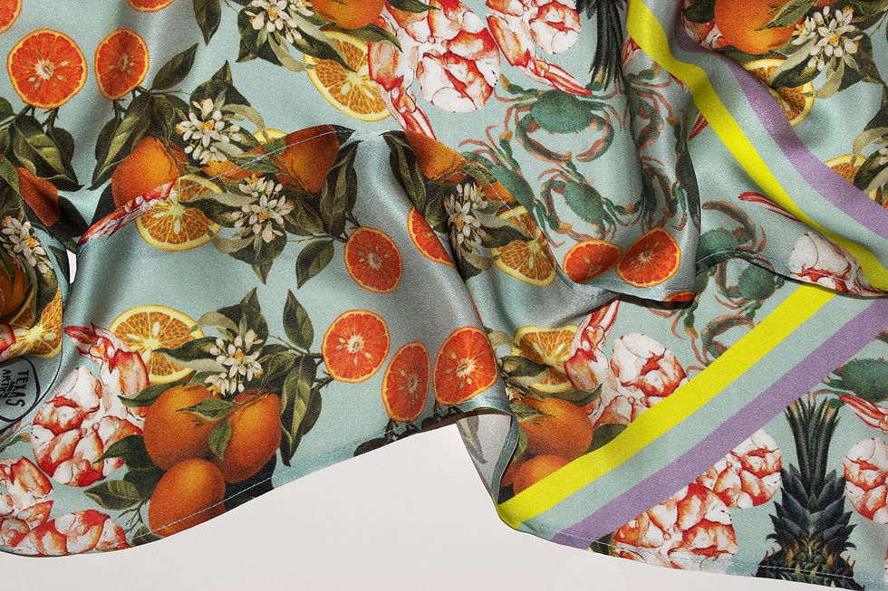 Thumbnail: PINEAPPLE & PRAWN GREEN DOUBLE SIDED FRINGED SILK SKINNY