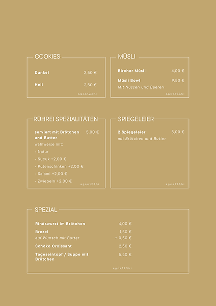 Speisekarte Giulio Bistro – Brötchen, Sandwiches, Panini, Cookies, Müsli, Rührei und Spezialgerichte mit Preisen