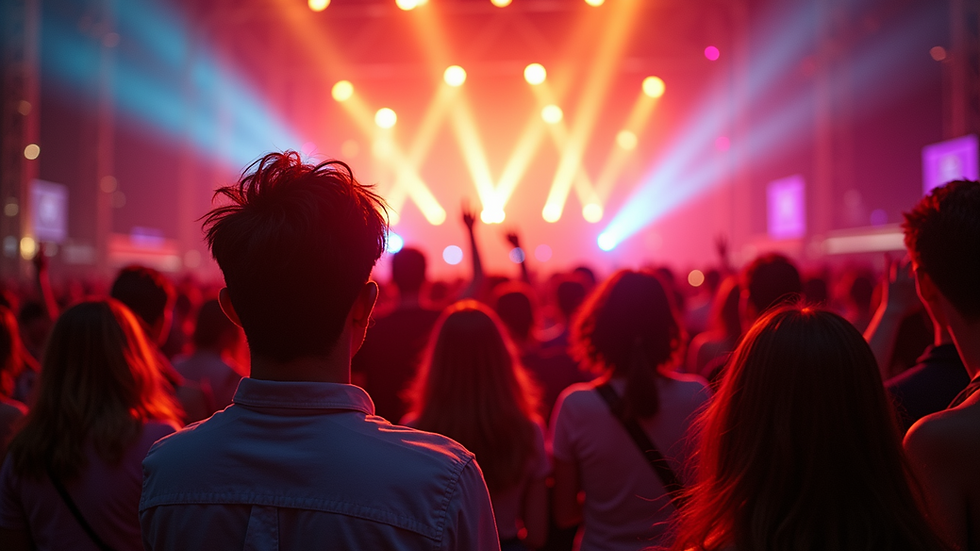 Eye-level view of a vibrant music festival crowd