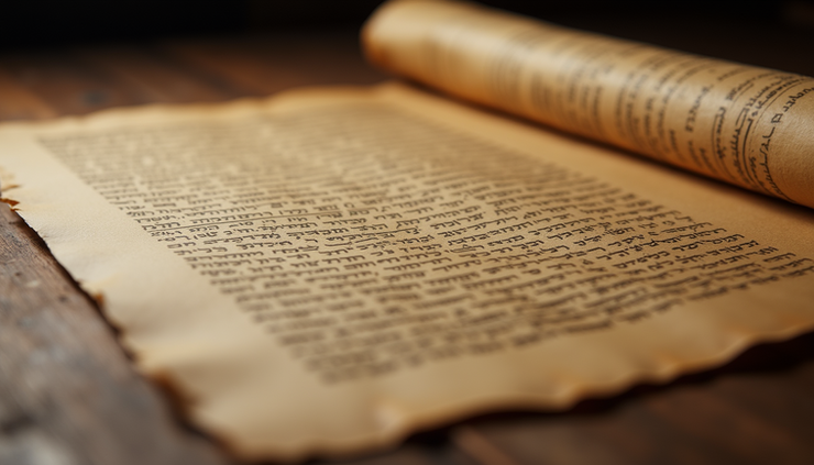 Eye-level view of ancient scroll with Hebrew psalms text