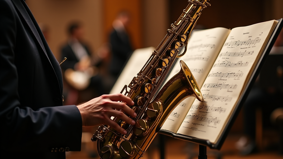Close-up view of a saxophone resting against a jazz sheet music stand