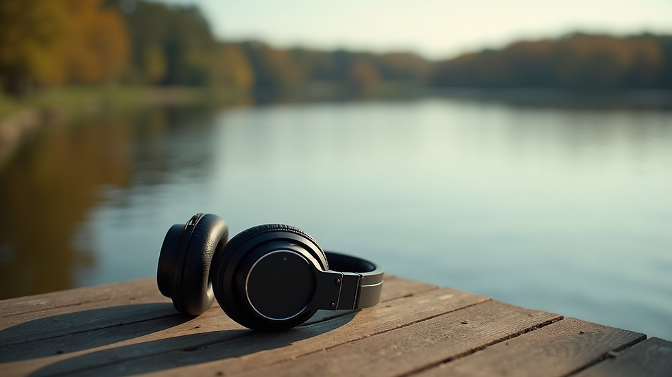 High angle view of a tranquil lakeside setting with headphones